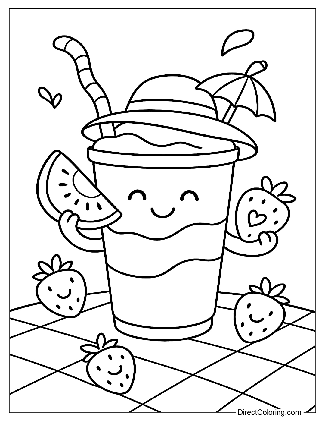 A pink strawberry smoothie coloring page with a cute smiling face, wearing a small sun hat, holding a slice of fresh strawberry.